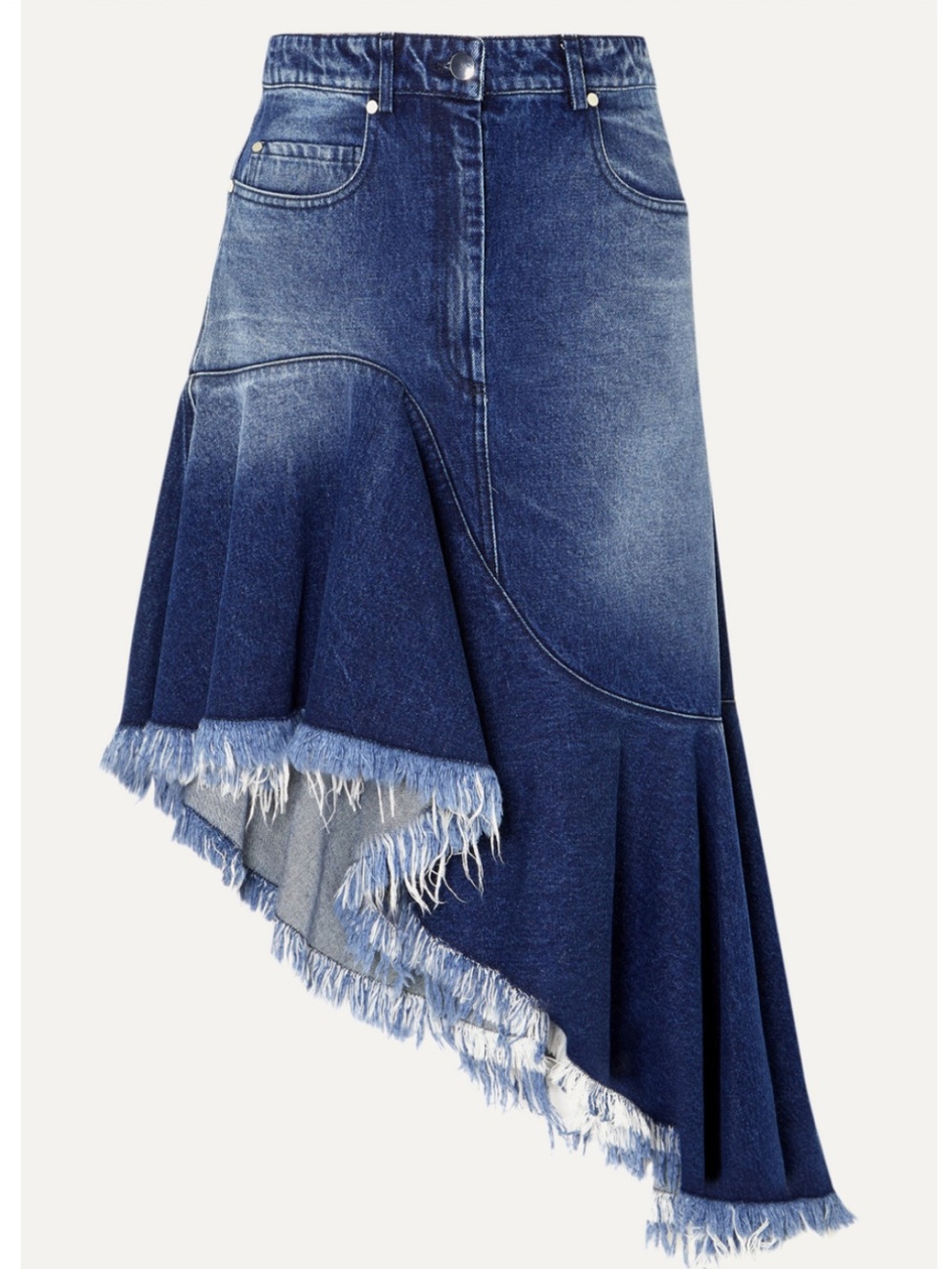 MICHAEL KORS COLLECTION SPRING 2020 ASYMMETRIC FRINGED DENIM SKIRT | 2